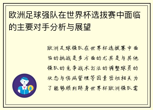 欧洲足球强队在世界杯选拔赛中面临的主要对手分析与展望
