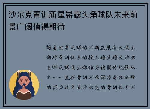 沙尔克青训新星崭露头角球队未来前景广阔值得期待