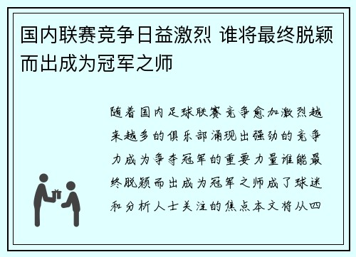 国内联赛竞争日益激烈 谁将最终脱颖而出成为冠军之师
