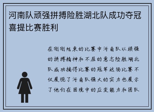 河南队顽强拼搏险胜湖北队成功夺冠喜提比赛胜利