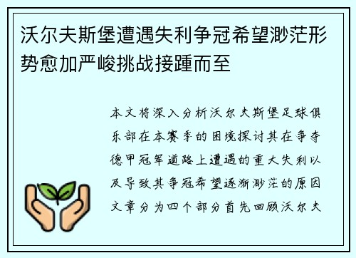 沃尔夫斯堡遭遇失利争冠希望渺茫形势愈加严峻挑战接踵而至